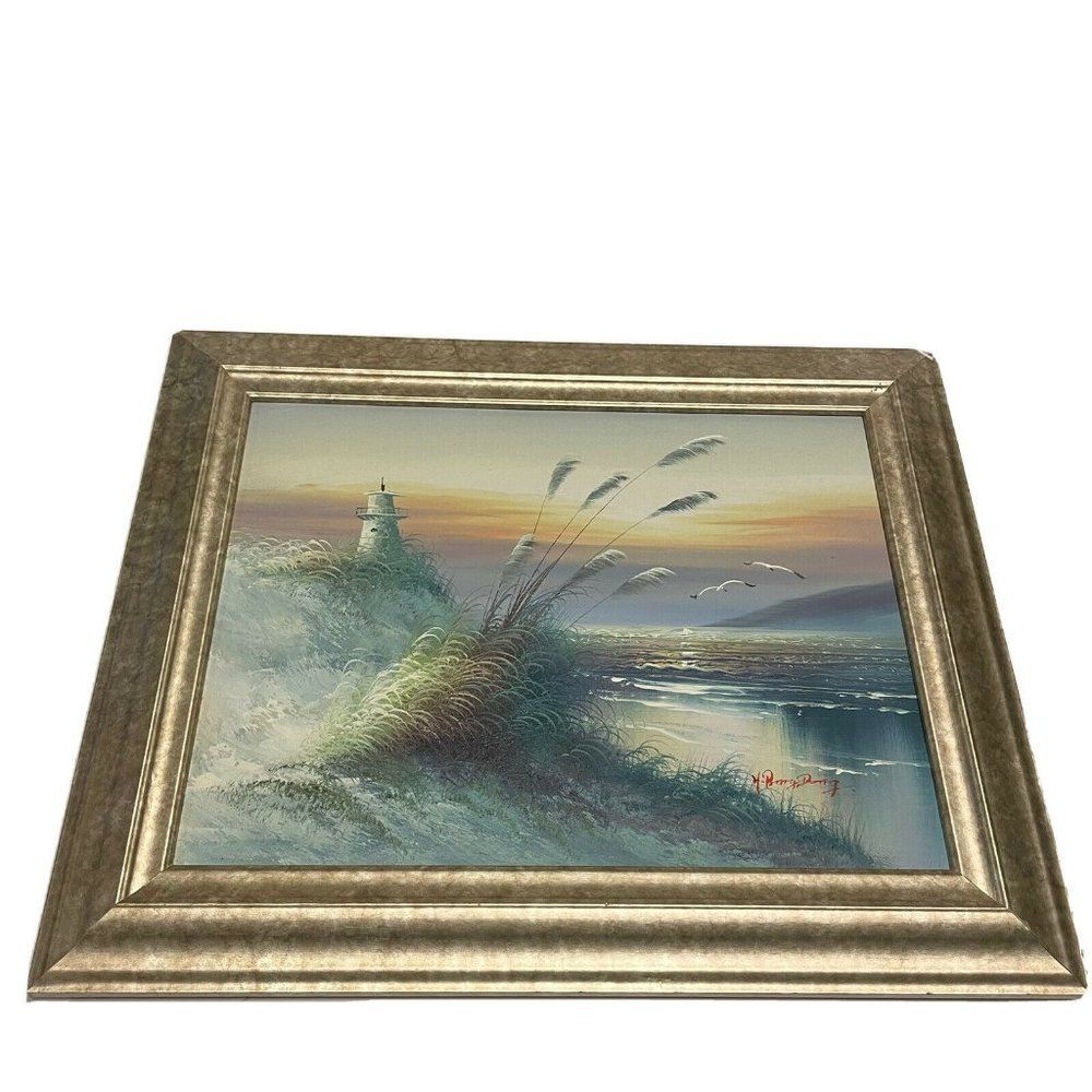 Sunset Seascape Beach Painting 20x16” Signed Wood Framed Lighthouse Birds